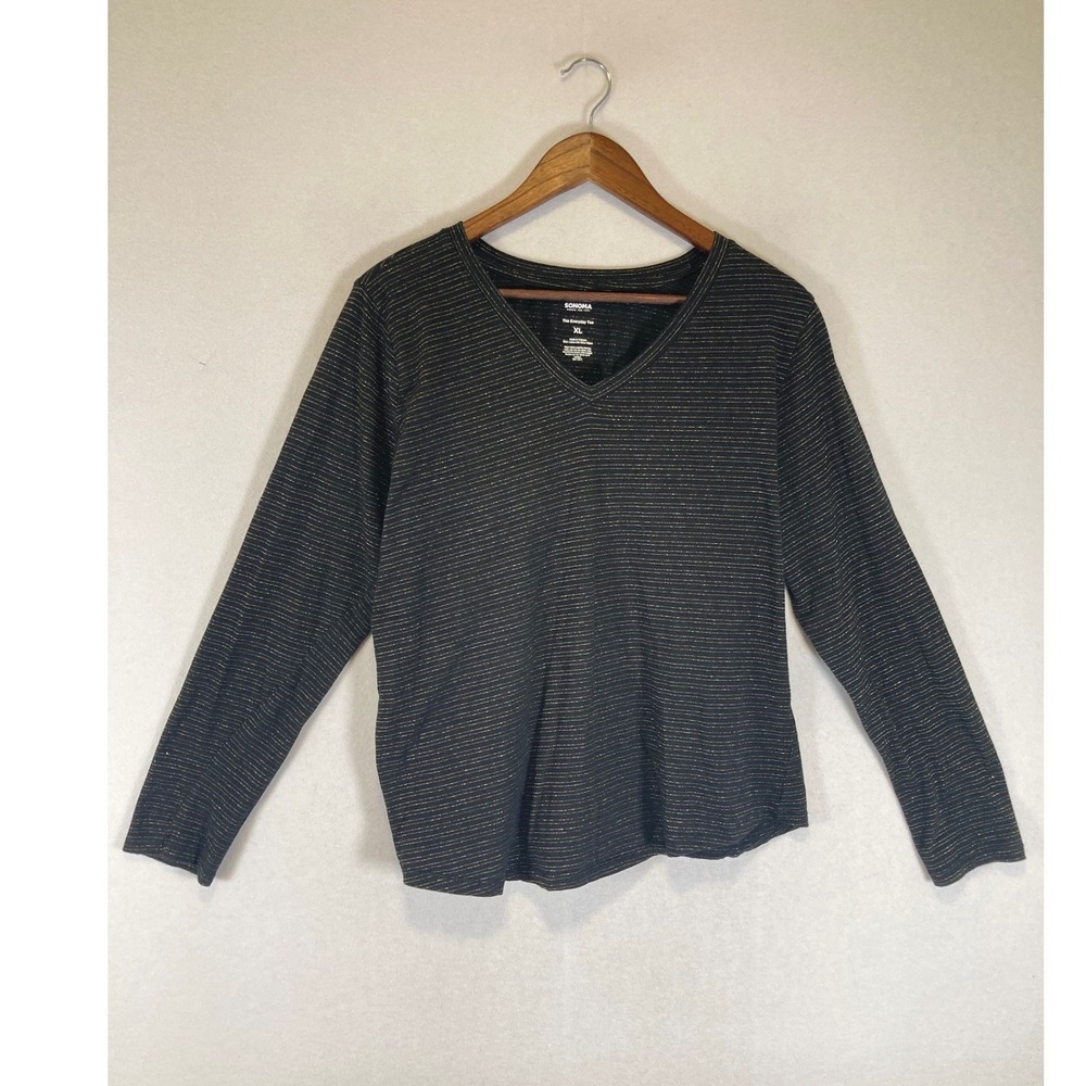 Metallic Shimmer Sonoma‎ Womens XL Black Gold Striped V-Neck Everyday Tee
